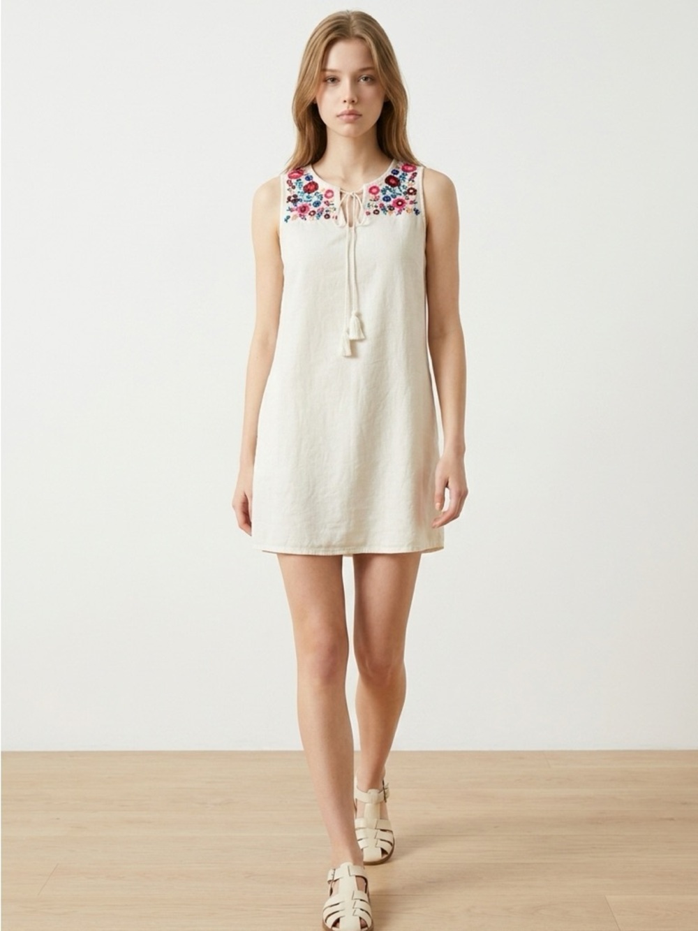 Boho White Embroidered Linen Blend Mini Dress Sleeveless Floral Yoke Tie Front